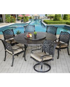 Nassau Outdoor Patio 7pc Dining Set with Series 5000 71" Round Dining Table - Includes 2 Swivel Rockers, 35" Lazy Susan & Seat Cushions - Antique Bronze Finish