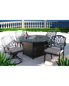 Elisabeth 5pc Outdoor Dining Set with 52" Round Fire Pit Dining Table Series 2000 - Antique Bronze - Includes 2 Swivel Rockers and 2 Dining Chairs