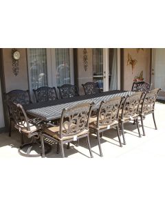 Flamingo 11pc Outdoor Patio Dining Set with 46x120 Rectangle Table Series 3000 - Antique Bronze- Includes Swivel Rockers and Dining Chairs with Seat Cushions