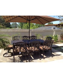 Flamingo Outdoor Patio 9pc Dining Set with 44x84 Rectangle Table - Includes 2 Swivel Rockers, 6 Standard Dining Chairs, 6.5' x 10.5' Rectangle Umbrella & Umbrella Base - Antique Bronze Finish