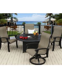 Series 2000 Cast Aluminum Barbados Sling Outdoor Patio 5pc Fire Pit Set with 52" Round Fire Pit - Includes (2) Swivel Rockers, (2) Dining Chairs & Burner - Antique Bronze Finish