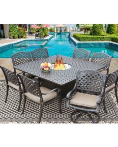 Nassau 64x64 Square Outdoor Patio 9pc Dining Set for 8 Person with Fire Table Series 7000 - Atlas - Antique Bronze Finish