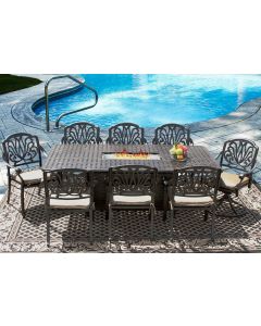 Eli 42x84 Rectangle Outdoor Patio 9pc Dining Set for 8 Person with Rectangle Fire Table Series 7000 - Atlas - Antique Bronze Finish