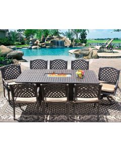 Nassau 42x84 Rectangle Outdoor Patio 9pc Dining Set for 8 Person with Rectangle Fire Table Series 7000 - Atlas - Antique Bronze Finish