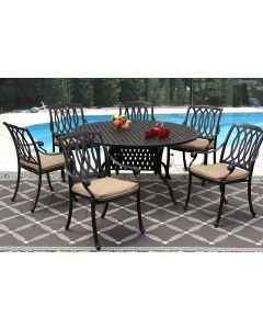 SAN MARCOS CAST ALUMINUM OUTDOOR PATIO 7PC SET 60 Inch ROUND DINING TABLE Series 3000 WITH Sunbrella® SESAME LINEN CUSHION