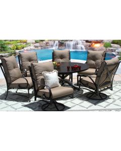 NEWPORT CAST ALUMINUM OUTDOOR PATIO 7PC SET 60 Inch ROUND DINING TABLE Series 4000 WITH SESAME LINEN CUSHION