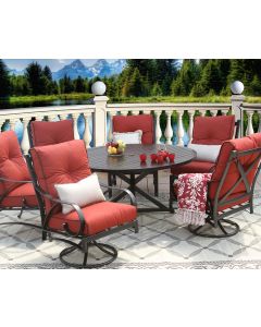 NEWPORT CAST ALUMINUM OUTDOOR PATIO 7PC SET 60 Inch ROUND DINING TABLE Series 4000 WITH SUMBRELLA HENNA CUSHION