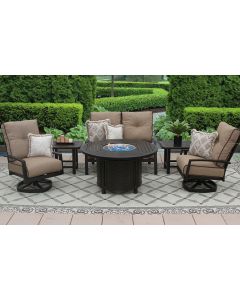 QUINCY ALUMINUM OUTDOOR PATIO 6PC LOVESEAT, 2-CLUB SWIVEL ROCKERS, 2-END TABLES ROUND FIRE TABLE SERIES 4000 WITH SUNBRELLA SESAME LINEN CUSHION - ANTIQUE BRONZE