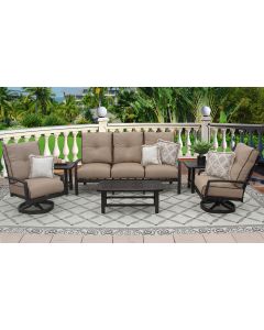 QUINCY ALUMINUM OUTDOOR PATIO 6PC SOFA, 2-CLUB SWIVEL ROCKERS, 2-END TABLES 21X42 COFFEE TABLE SERIES 4000 WITH SUNBRELLA SESAME LINEN CUSHION - ANTIQUE BRONZE