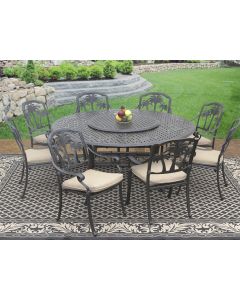 PALM TREE CAST ALUMINUM OUTDOOR PATIO 9PC SET 8-DINING CHAIRS 71 Inch ROUND TABLE 35" LAZY SUSAN SERIES 5000 WITH Sunbrella SESAME LINEN CUSHION