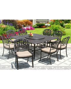 ELISABETH CAST ALUMINUM OUTDOOR PATIO 9PC SET 8-DINING CHAIRS 65 Inch SQUARE TABLE Series 5000 With LAZY SUSAN & Sunbrella SESAME LINEN CUSHION