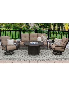 QUINCY OUTDOOR PATIO 6PC SOFA CLUB SWIVEL ROCKERS END TABLES ROUND FIRE TABLE SERIES 4000 WITH SESAME LINEN CUSHION - ANTIQUE BRONZE