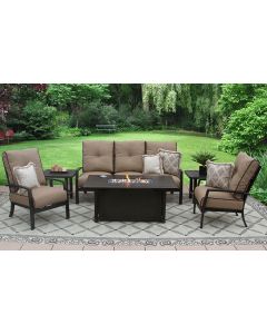 QUINCY ALUMINUM OUTDOOR PATIO 6PC SOFA, 2-CLUB CHAIRS, 2-END TABLES 34X58 RECTANGLE FIREPIT SERIES 4000 WITH SESAME LINEN CUSHION - ANTIQUE BRONZE