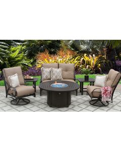NEWPORT ALUMINUM OUTDOOR PATIO 6PC LOVESEAT, 2-CLUB SWIVEL ROCKERS, 2-END TABLES ROUND FIREPIT SERIES 4000 WITH SESAME LINEN CUSHION - ANTIQUE BRONZE