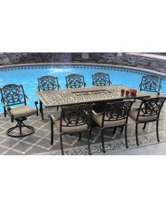 Flamingo Outdoor Patio 9pc Dining Set with 44x84 Inch Rectangle Fire Table Series 2000 