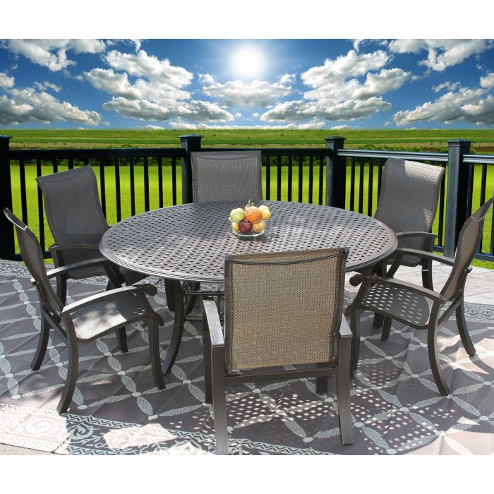 Barbados Sling Outdoor Patio 7pc Dining, Round 6 Person Outdoor Dining Table